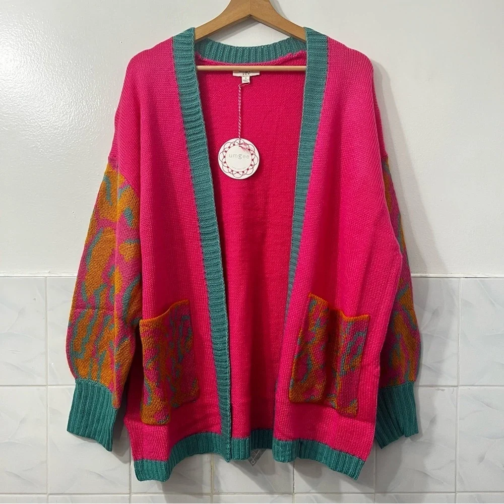 Umgee S Open Front Cardigan Duster Oversized 90s Retro Animal Print Pink Teal
